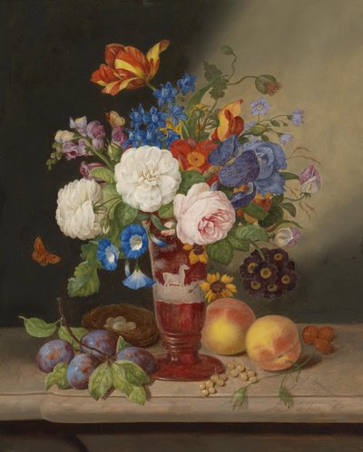 Bouquet of Flowers in a Vase, Surrounded by Fruits by Georg Seitz